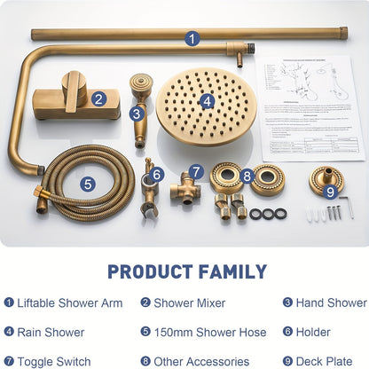 Antieke Badkamer Douche Set – Retro Douchekraan – Regenkraan – Douche Systeem – Wandmontage – 8 Inch Regen Douchekop – Verstelbare Hoogte 70-120 cm