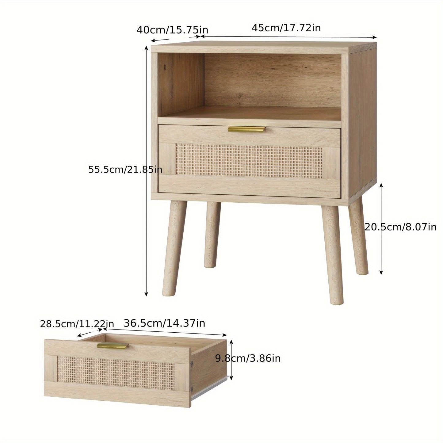 Nachtkastje – Bedside Table – Bijzettafel – Nachtkast – Kastje – Bohemian Stijl – Open Planken – Mid-Century Modern – Gouden Handgrepen – 45 x 40 x 55 cm