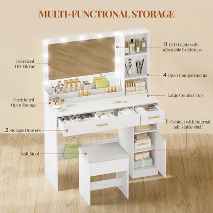 Kaptafel – Make-uptafel – Visagie Tafel – Vanity Table – Schminktafel – Grote Spiegel – 2 Lades & 4 Opbergvakken – Wit