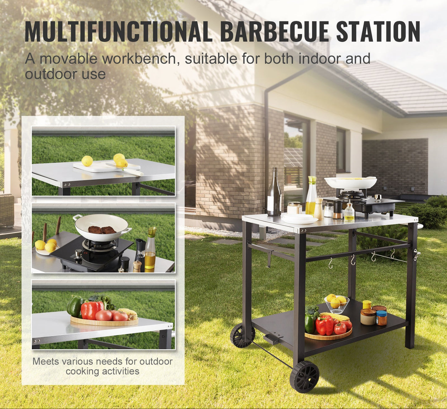 BBQ Werktafel – Barbecue Tafel – Grilltafel – Buitenkeuken Trolley – Werkbank Buiten – Roestvrijstalen Blad – Dubbele Plank – 85x55 cm – Verrijdbaar Met 2 Wielen