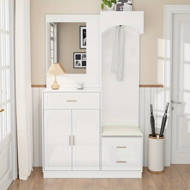 Modern Compact Wardrobe & Shoe Cabinet with Mirror - Freestanding Storage Cabinet with Adjustable Shelves, Doors & Drawers, Space-Saving Multifunctional Furniture for Small Spaces, Classic Contemporary Design, No Electrical R