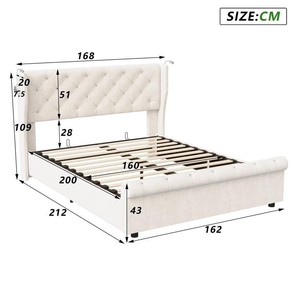 Opbergbed – Gestoffeerd Bed – Tweepersoonsbed – Bedkoffer – Opbergmeubel – 140x190 cm – Off-white Velvet – Hydraulisch Systeem & USB Leeslamp