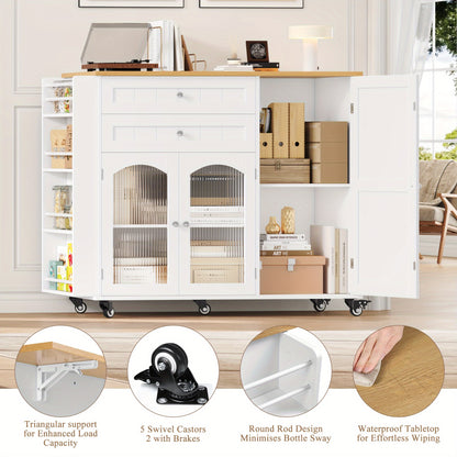 Keukentrolley – Keukenwagen – Serveerwagen – Opbergtrolley – Keukenrek – Grote Opbergruimte – 110x60 cm Werkblad – Vergrendelbare 360° Wielen – Wit Hout