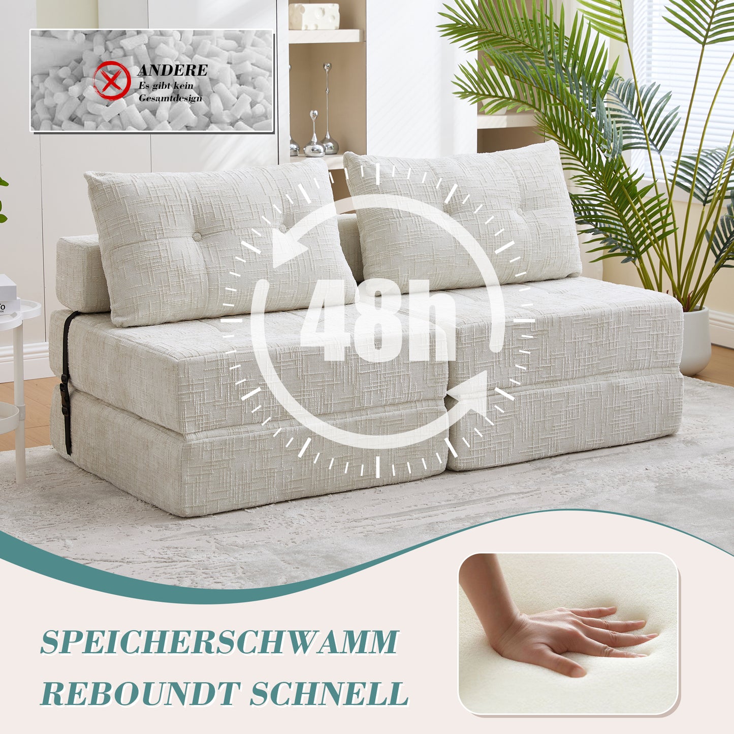 Inklapbare Slaapbank – Slaapbankje – Slaapbank Opklapbaar – Slaapbank Met Kussen – Vouwmatras Met Rugleuning – Beige Chenille Stof – Hoge Dichtheid Schuim