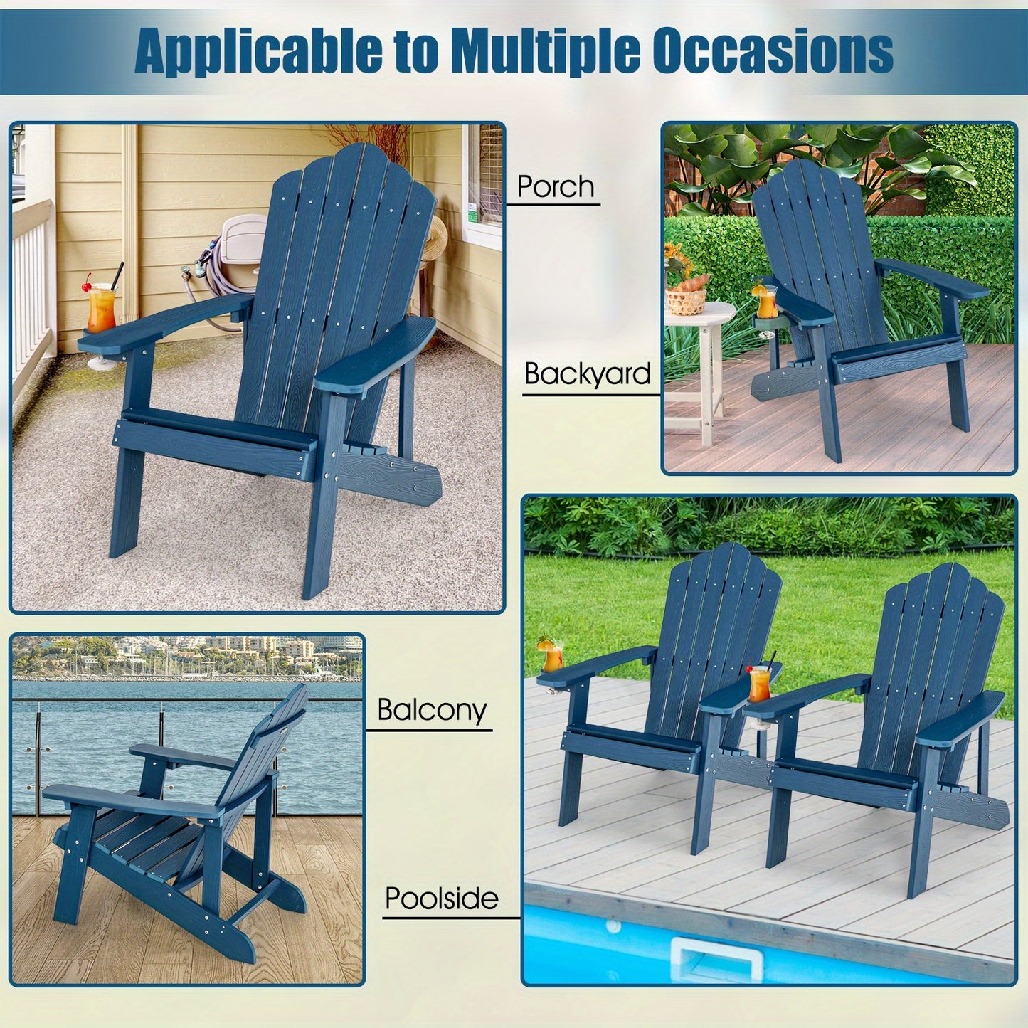 Adirondack Tuinstoel – Buitenstoel – Tuinstoel – Terrasstoel – Balkonstoel – HIPS Kunststof Met Roestvrij Stalen Frame – Weerbestendig Tot 172 KG – Navy Blauw Met Bekerhouder