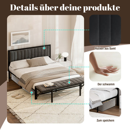 Bedframe – Tweepersoonsbed – Opbergbed – Gestoffeerd Bed – Slaapbank – Donkergrijs Fluwelen Bekleding – Inklapbare Zitbank – Hardhouten & IJzeren Frame – 140x200 cm
