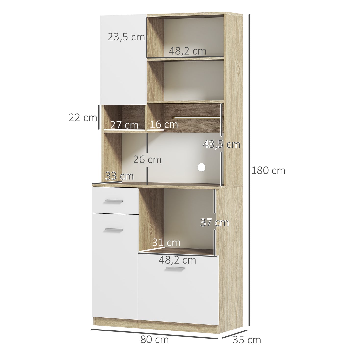 Keukenkast – Buffetkast – Opbergkast – Dressoir – Keukenbuffet – Modern Design – Verstelbare Planken – Kabelbeheer – 80x35x180 cm – Houtnerf Wit
