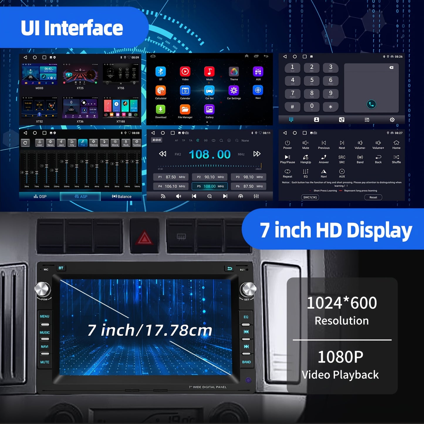 Multifunctionele Android 14 Autoradio – Car Stereo – Inbouwradio – Auto Multimedia – Navigatiesysteem – 7-Inch HD Touchscreen – Draadloze CarPlay & Android Auto – GPS Navigatie Met DAB+