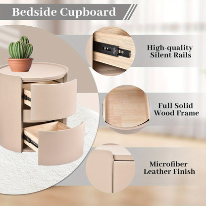 Ronde Nachtkast – Nachtkastje – Bedside Table – Dressoir – Bijzettafel – Oranje Zadelleren Bovenblad – Massief Hout – 2 Laden – Compact 45x45x50 cm
