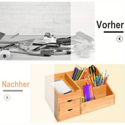 Bureaula Organizer – Bureau Organizer – Pennenhouder – Opbergdoos – Lade Organizer – Natuurlijk Bamboe – 33 x 20,5 x 15,5 cm – 2 Lades