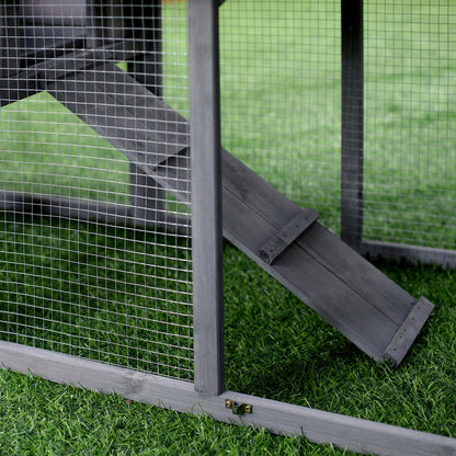 Outdoor Rabbit Hutch & Small Animal Cage with Free-Range Design, Spacious Pine Wood Construction, Ramp & Roof Access, Ventilation Mesh Walls & Predator-Proof Roof - Dark Gray 147x54x84cm for Guinea Pigs, Chinchillas, Hamsters