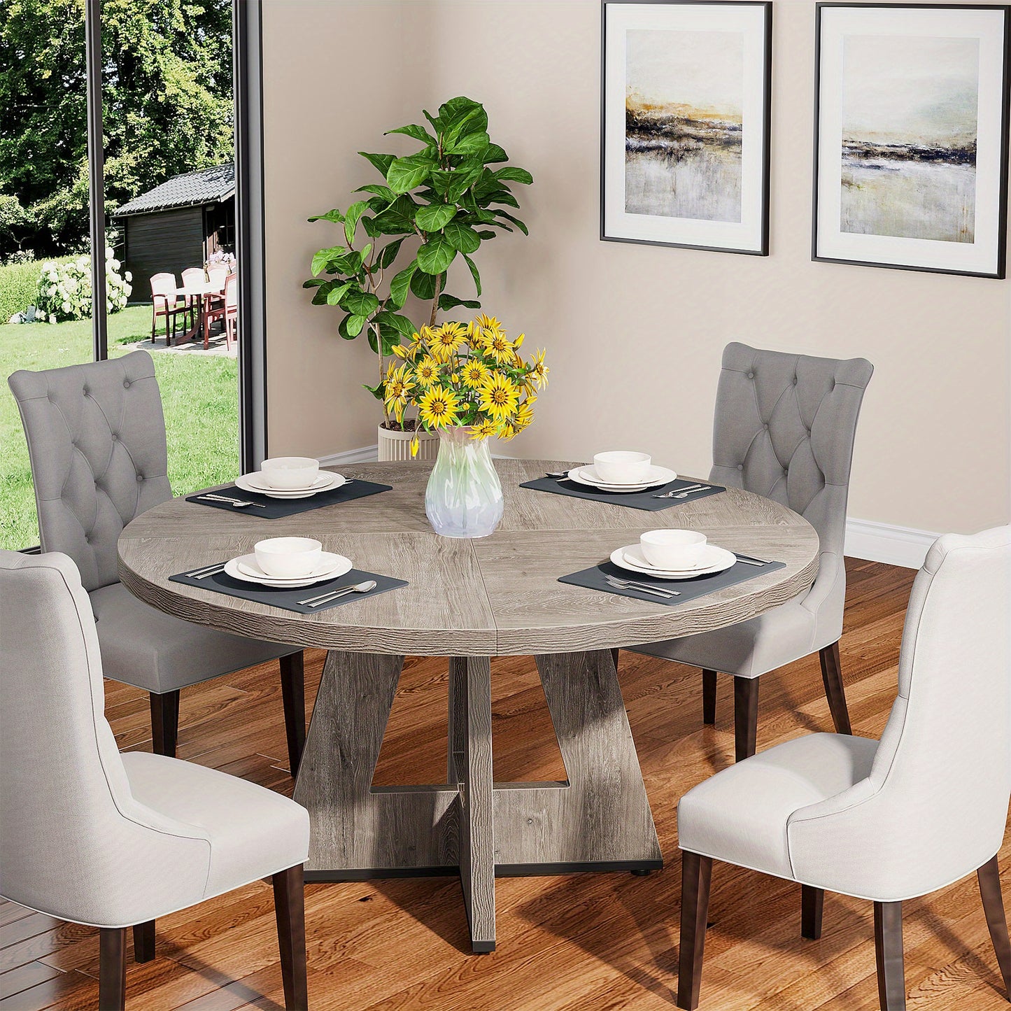 Eetkamertafel – Eettafel – Keukentafel – Ronde Tafel – Tafel – Ronde Grijze Eettafel – 120 cm Diameter – Massief Houten Blad