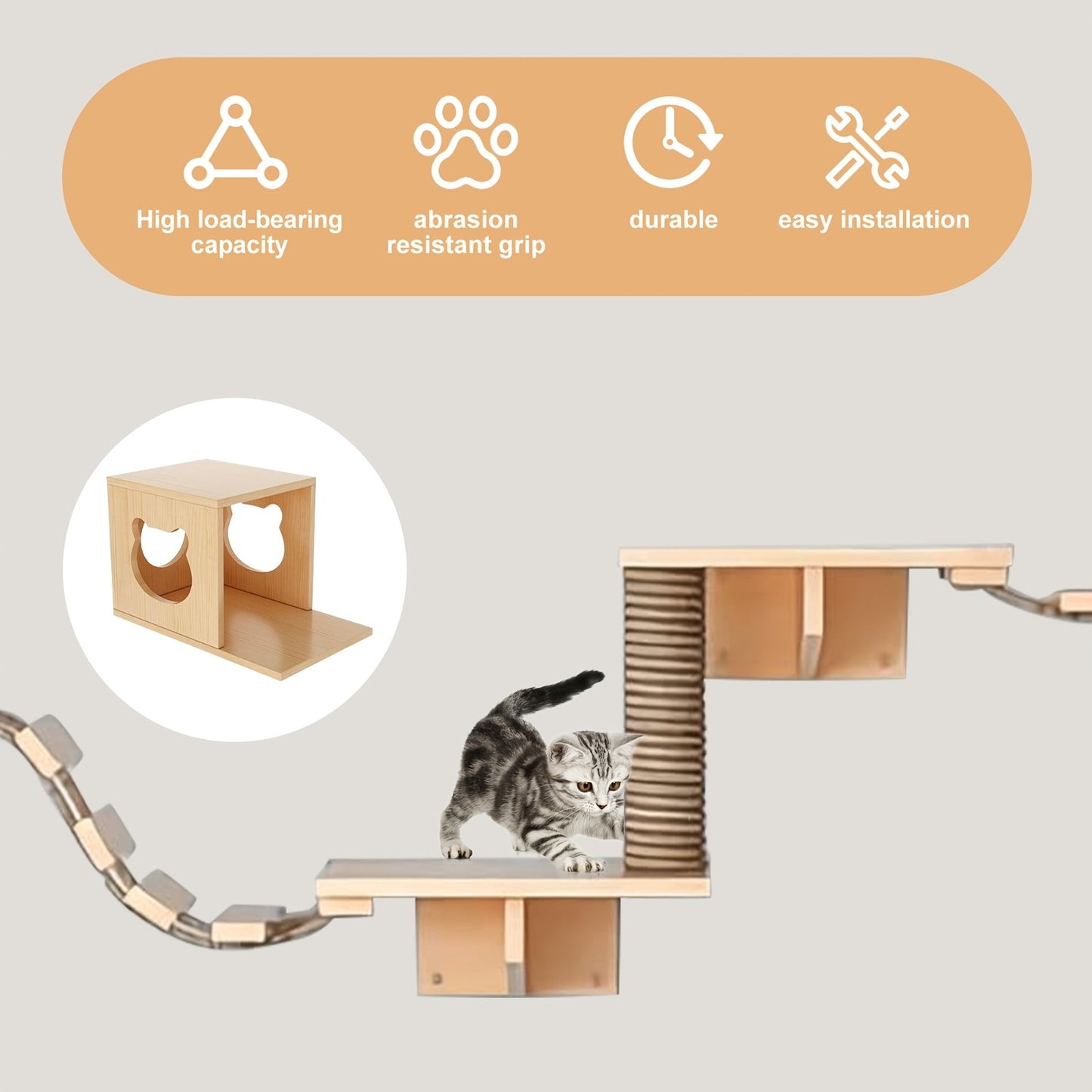 Klimwand Kat – Katten Klimmuur – Krabpaal – Kattenwand – Kattenmeubel – Super Groot 250 cm – 9-delige Set Met Kattenhuis, Krabplank en Hangbrug – Massief Hout en Duurzaam Materiaal