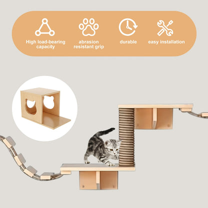 Klimwand Kat – Katten Klimmuur – Krabpaal – Kattenwand – Kattenmeubel – Super Groot 250 cm – 9-delige Set Met Kattenhuis, Krabplank en Hangbrug – Massief Hout en Duurzaam Materiaal