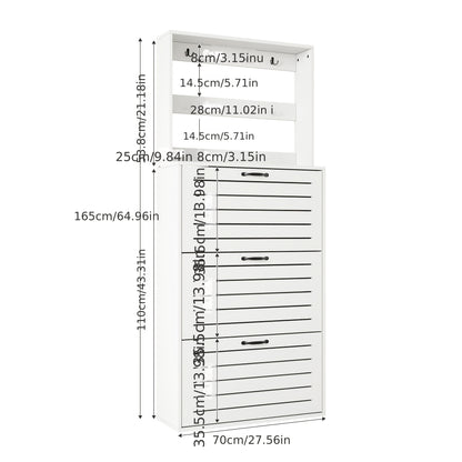 Haltafel – Sidetable – Wandtafel – Bijzettafel – Opbergkast – Wit – Verticale Ruimtebesparende Opberger – 3 Flipdeuren Met 8 Haken – 3,2+ Kubieke Voet Opbergruimte