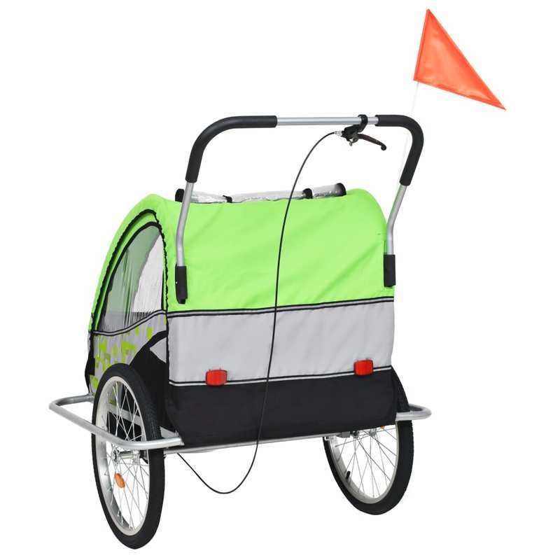Fietsaanhanger – Kinderwagen – Buggy – Transportwagen – Fietstrailer – 2-in-1 Design Groen Grijs – Roestvrij Stalen Frame – Grote Wielen