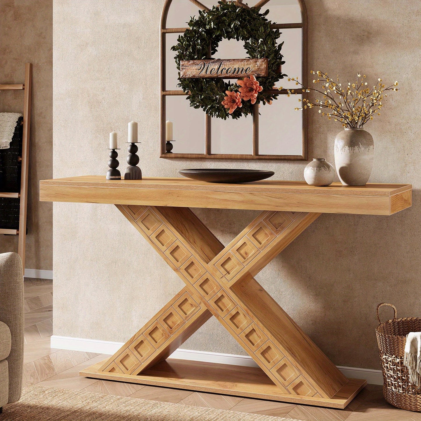 55 Inch Sidetable – Console Tafel – Halmeubel – Foyertafel – Smalle Tafel – X-Vormige Houten Basis – Robuust 2,95 Inch Dikte – 200 Kg Draagkracht