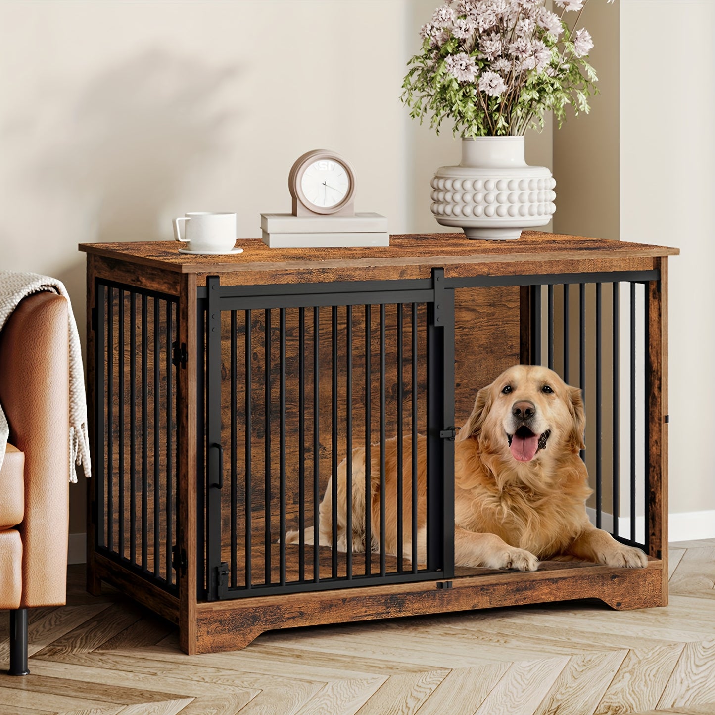 Houten Hondenbench – Hondenkooi – Hondenhok – Dierenbench – Huisdierbench – Met 2 Schuifdeuren – 4 Wieltjes – Compact 60x100x68 cm – Retro Bruin Design