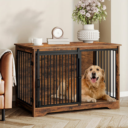 Houten Hondenbench – Hondenkooi – Hondenhok – Dierenbench – Huisdierbench – Met 2 Schuifdeuren – 4 Wieltjes – Compact 60x100x68 cm – Retro Bruin Design