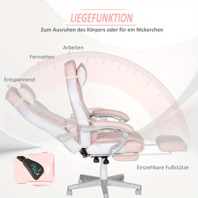 Gamingstoel – Gamestoel – Gaming Chair – Bureaustoel – Game Stoel – Ergonomisch Design – Verstelbare Hoogte 48-55,5 cm – Roze PU Leder – Met Lenden- en Neksteun – Max 120 kg – 360° Draaibaar