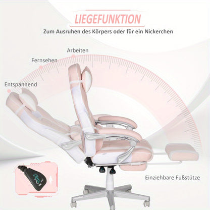 Gamingstoel – Gamestoel – Gaming Chair – Bureaustoel – Game Stoel – Ergonomisch Design – Verstelbare Hoogte 48-55,5 cm – Roze PU Leder – Met Lenden- en Neksteun – Max 120 kg – 360° Draaibaar