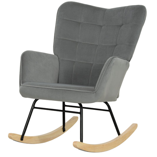 Vintage Schommelstoel – Schommelstoel – Relaxstoel – Fauteuil – Wiegstoel – Donkergrijs – Beukenhout & Staal – Dikke Bekleding