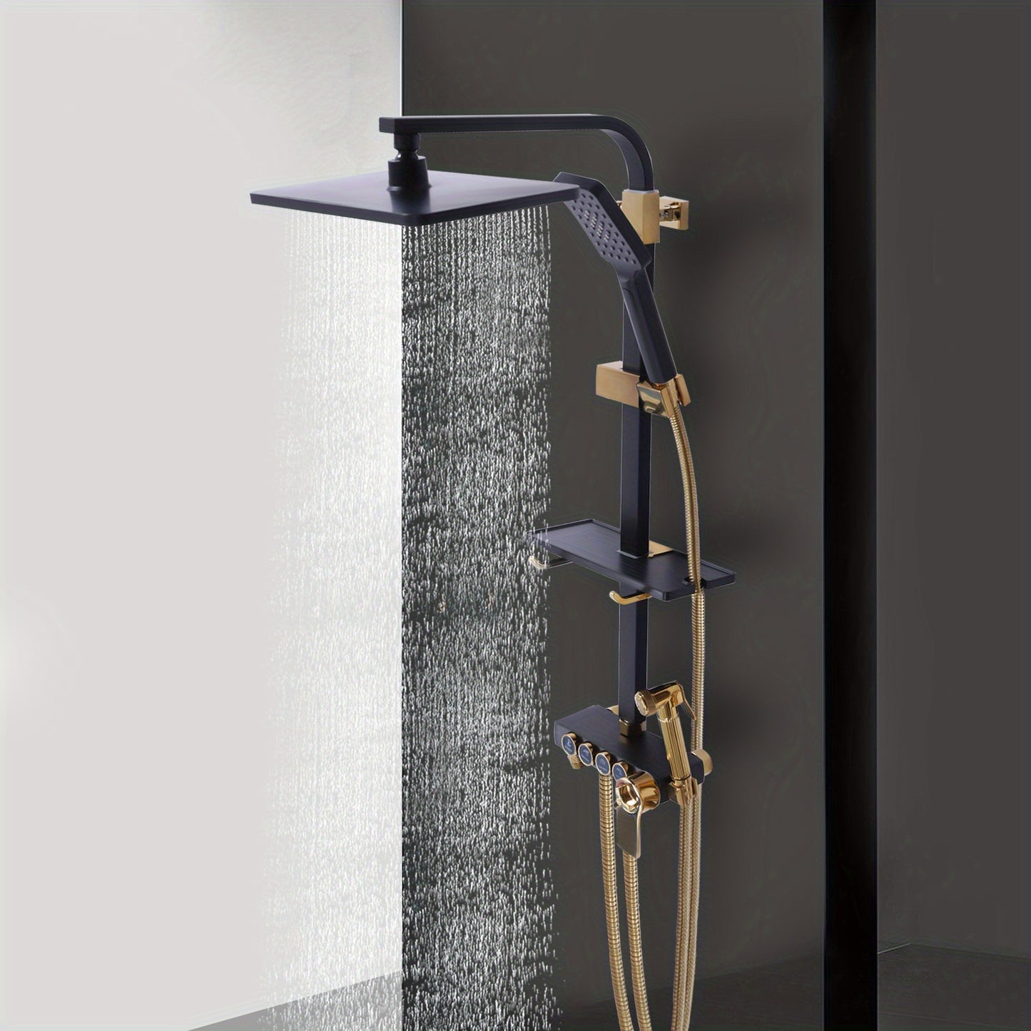 TOOL1SHOOO Contemporary Wall-mounted Bathtub Shower Set In Matte Black And Golden Finishes 46-orifice Hand Spray 112-orifice Top Spray And Anti-tangle Shower Hose, Easy to Clean, with Soft Silicone Spout And Toiletry Storage