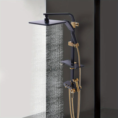 TOOL1SHOOO Contemporary Wall-mounted Bathtub Shower Set In Matte Black And Golden Finishes 46-orifice Hand Spray 112-orifice Top Spray And Anti-tangle Shower Hose, Easy to Clean, with Soft Silicone Spout And Toiletry Storage