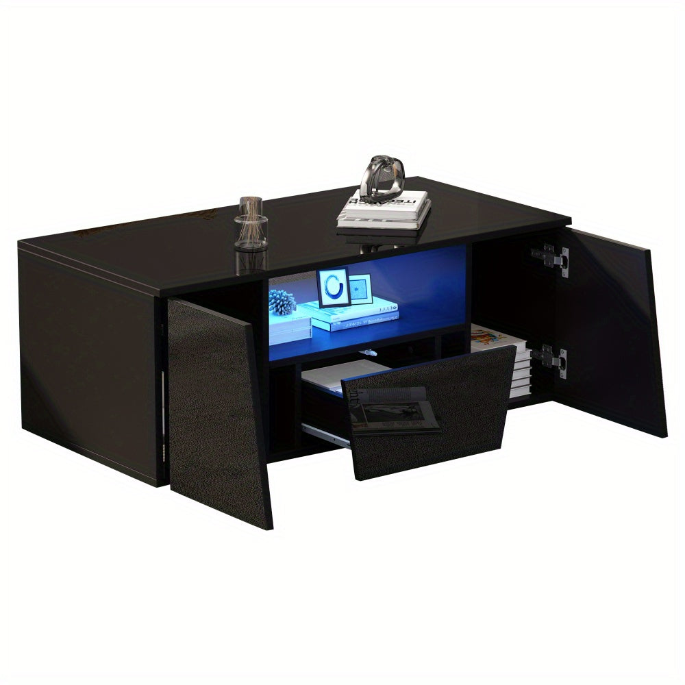 Salontafel – Koffietafel – Bijzettafel – Woonkamertafel – Tafeltje – Hoogglans Zwart – Glasblad & Metaalframe – Ruime Opbergruimte met Laden – 100x50x40 cm – Compact & Modern Design