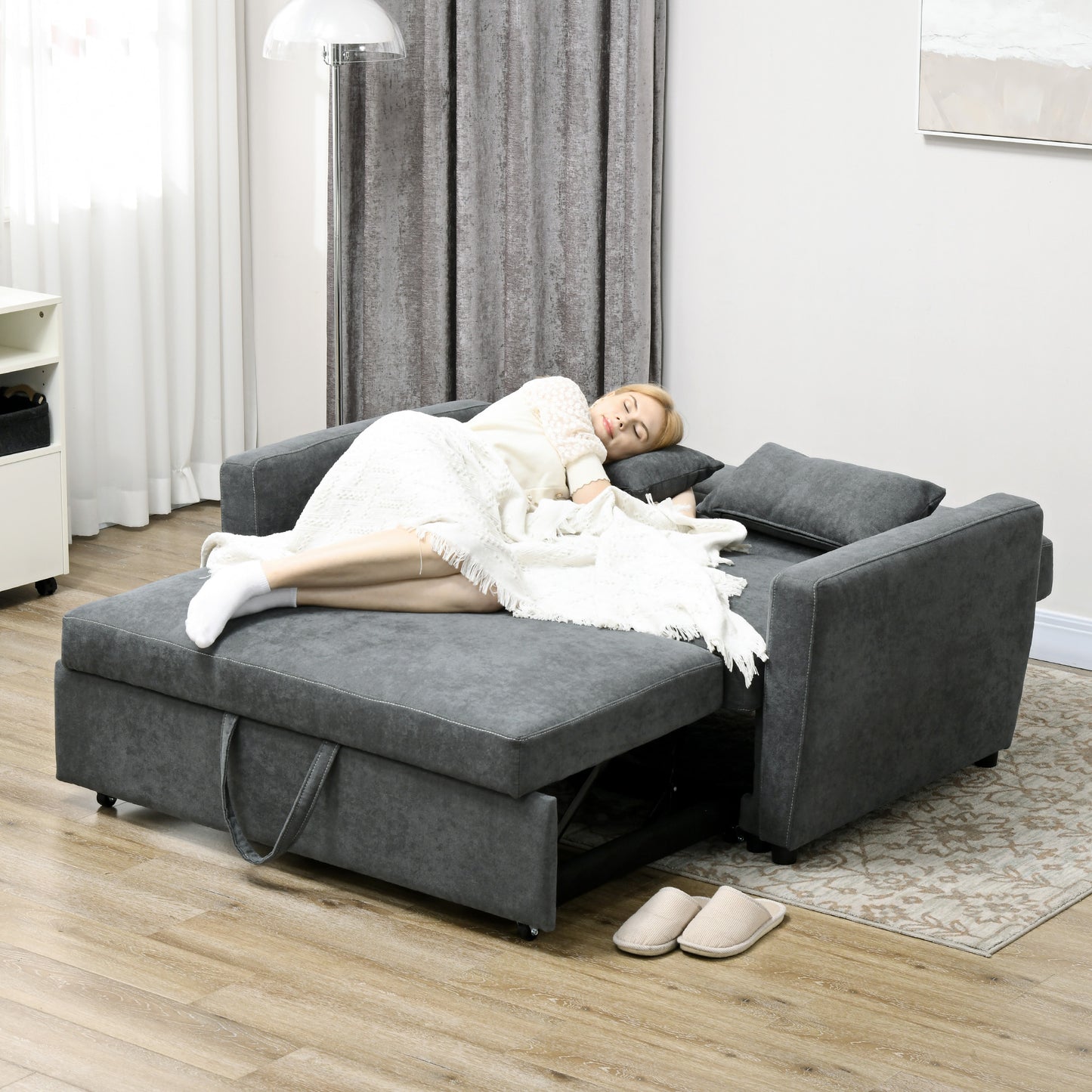 Slaapbank – Bank – Sofa – Bedbank – Logeerbed – 2-Zits – Verstelbare Rugleuning – Fluwelen Bekleding – Stevig Eucalyptus Houten Frame – Donkergrijs