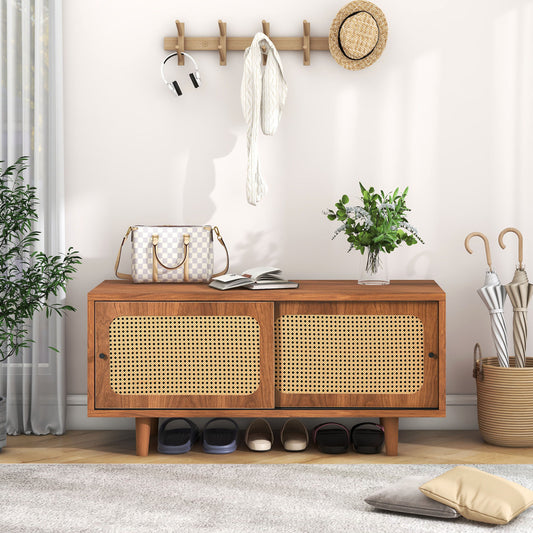 Sideboard – Dressoir – Kast – Highboard – Ladenkast – Met 3 Rattan Deuren – Wit Met Metalen Handgrepen – Compact 129,8x40x76 cm
