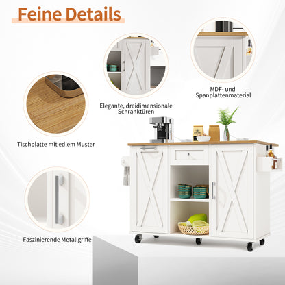 Keukeneiland – Keukentrolley – Keukenkast – Buffetkast – Serveerwagen – Inklapbaar Werkblad – Verstelbare Planken – MDF 3D Deuren – Metalen Handgrepen – Wit – 142×40/63×87 cm