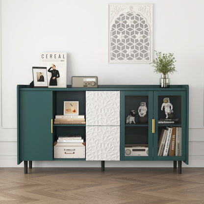 Koffiekast – Keukentrolley – Opbergkast – Koffiemeubel – Koffiebarmeubel – Mobiel met Wieltjes – Hout-Metaal – 140 cm Hoog – 2 Laden + Glazen Deuren – Groen