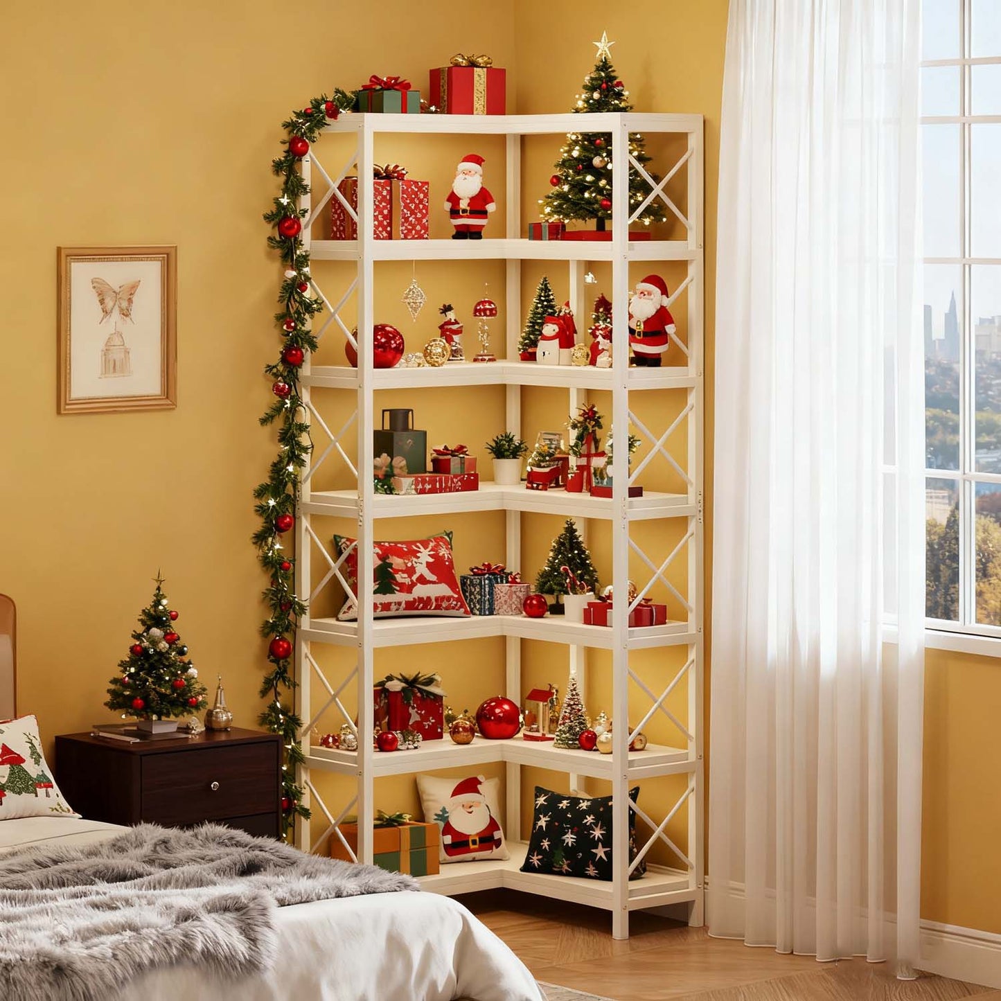 Tall 7 Tier Corner Bookcase with Sturdy Metal Frame, Large Industrial Style Corner Bookshelf and Display Storage Rack for Living Room or Home Office, Clean White Finish