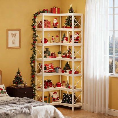 Tall 7 Tier Corner Bookcase with Sturdy Metal Frame, Large Industrial Style Corner Bookshelf and Display Storage Rack for Living Room or Home Office, Clean White Finish
