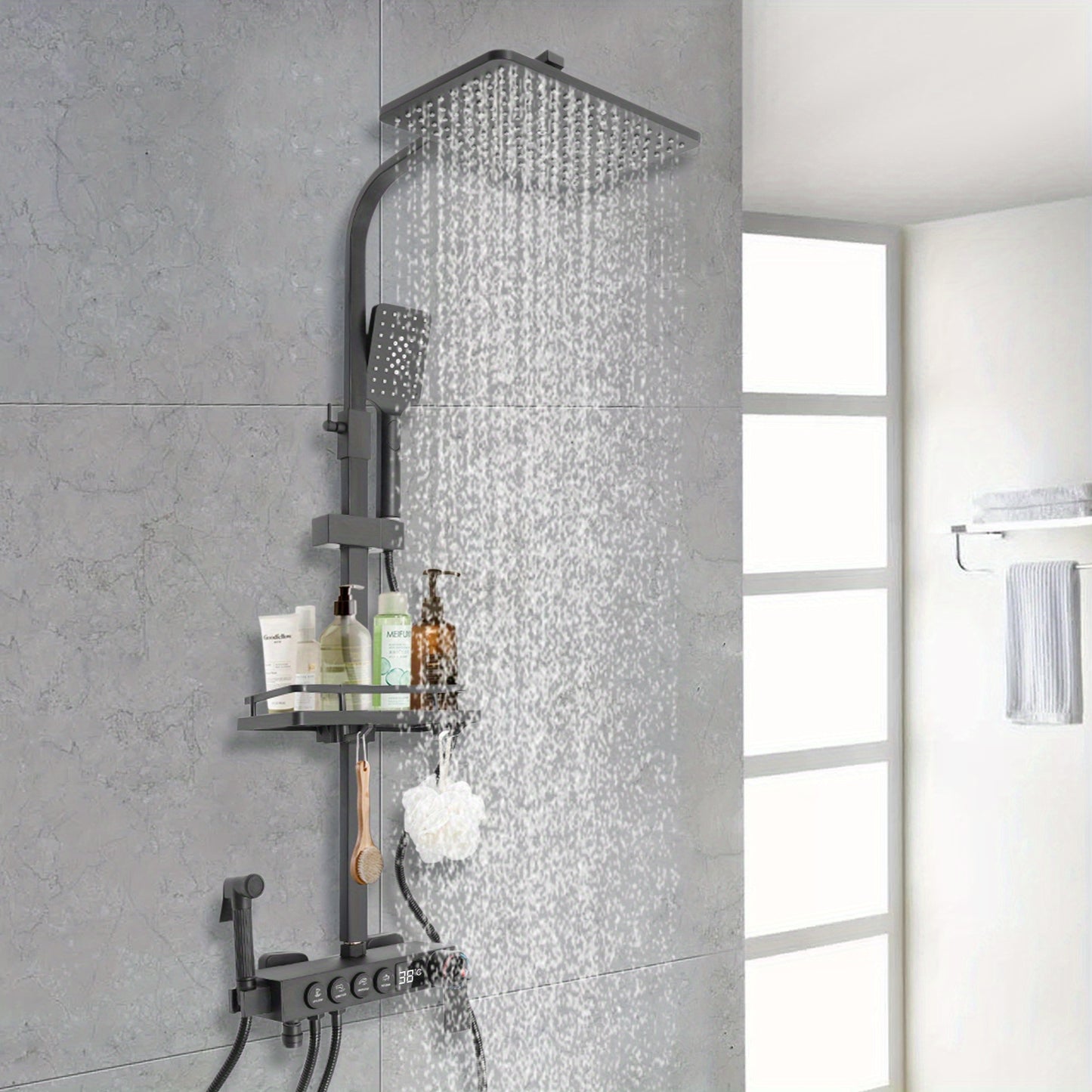 Thermostatisch Douchesysteem – Douche Set – Handdouche – Douchekop – Douchekraan – Zwart Design – Thermostatische Mengkraan – Verstelbare Hoogte 85-120 cm