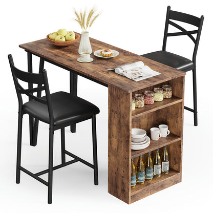 Barset – Bartafelset – Eettafelset – Bistroset – Keukentafel Set – Uitschuifbare Bartafel – Donker Hout Met Zwart Metaal – 3 Opbergladen – Compact Voor Kleine Ruimtes