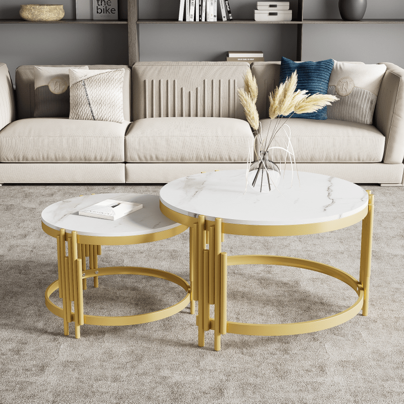 Modulaire Salontafel Set – Koffietafel – Bijzettafel – Ronde Tafels – Marmerlook Tafel – Gouden Metalen Frame – Twee Maten – Licht & Stevig Design