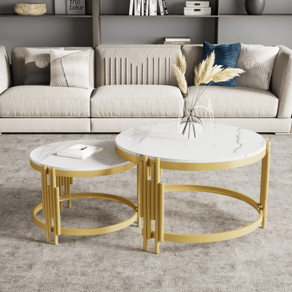 Modulaire Salontafel Set – Koffietafel – Bijzettafel – Ronde Tafels – Marmerlook Tafel – Gouden Metalen Frame – Twee Maten – Licht & Stevig Design