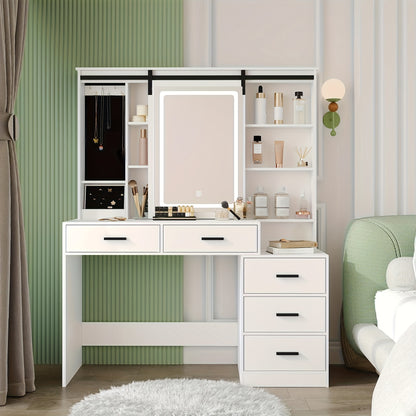 Kaptafel – Make-up Tafel – Vanity – Opmaaktabel – Cosmeticatafel – Verstelbare LED Verlichting – Grote Verplaatsbare Spiegel – Sieradenopslag – 5 Laden – Open Plank – Wit – 120x40x150 cm