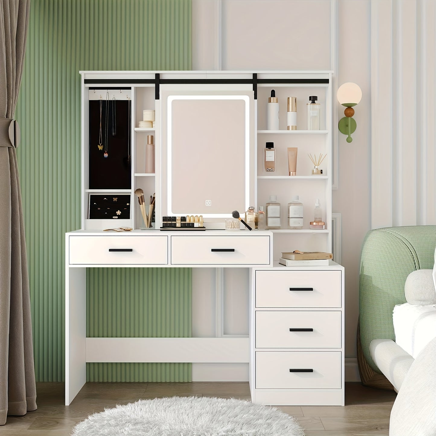 Kaptafel – Make-up Tafel – Vanity – Cosmeticatafel – Opmaaktafel – Verstelbare LED Verlichting – Grote Afneembare Spiegel – 5 Laden – Wit – Met Sieradenopslag – Open Plank