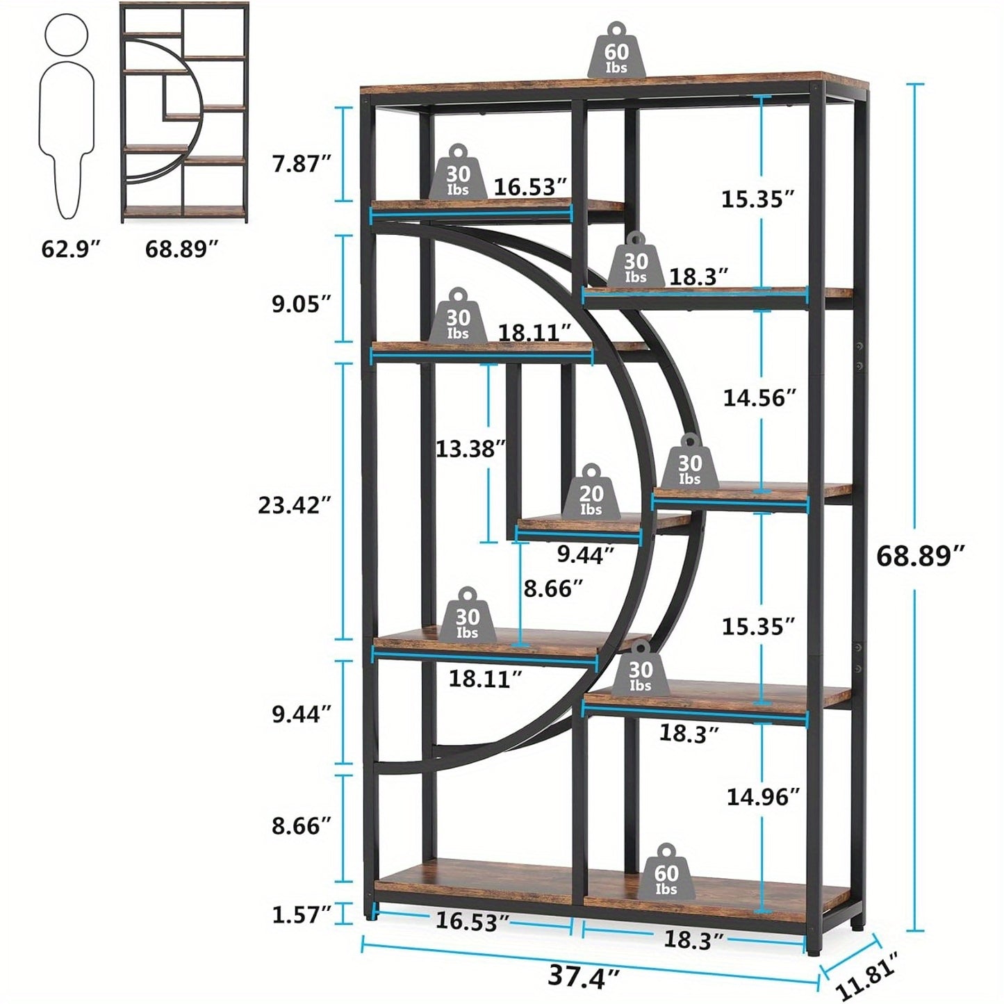 Boekenkast – Boekenrek – Vakkenkast – Opbergkast – Stellingkast – 5-laags – Zwart Metaal – Vrijstaand – 180 cm Hoog – 9 Open Vakken – Industrieel Design