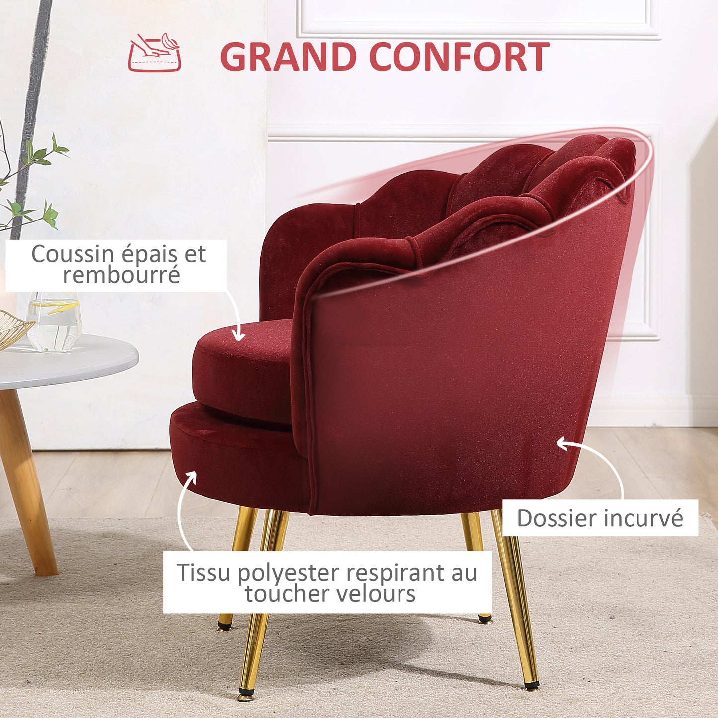 Velvet Stoel – Fauteuil – Kuipstoel – Eetkamerstoel – Armstoel – Fluwelen Bekleding – Gouden Metalen Poten – Compact 76x67x74 cm
