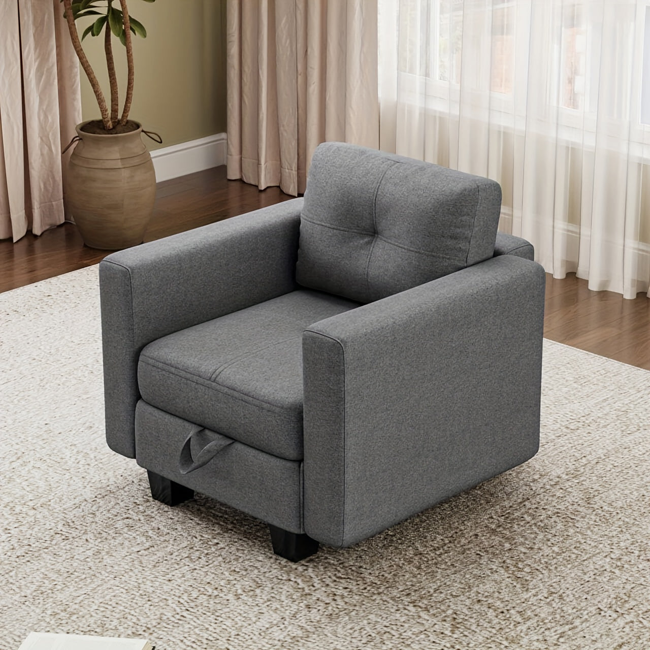 U-vormige modulaire bank – hoekbank – loungebank – zithoek – modulaire hoekbank – met memory foam – verborgen opbergruimte – grijze stoffen bekleding – eenvoudige montage