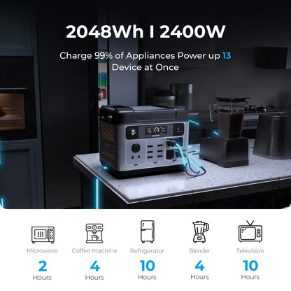 Noodstroomvoorziening – Draagbare Powerstation – Stroomgenerator – Powerbank – Generator – 2048Wh LiFePO4 Batterij – 4x 2400W AC Uitgang – Snelladen 1 Uur – Zonne-energie Compatibel