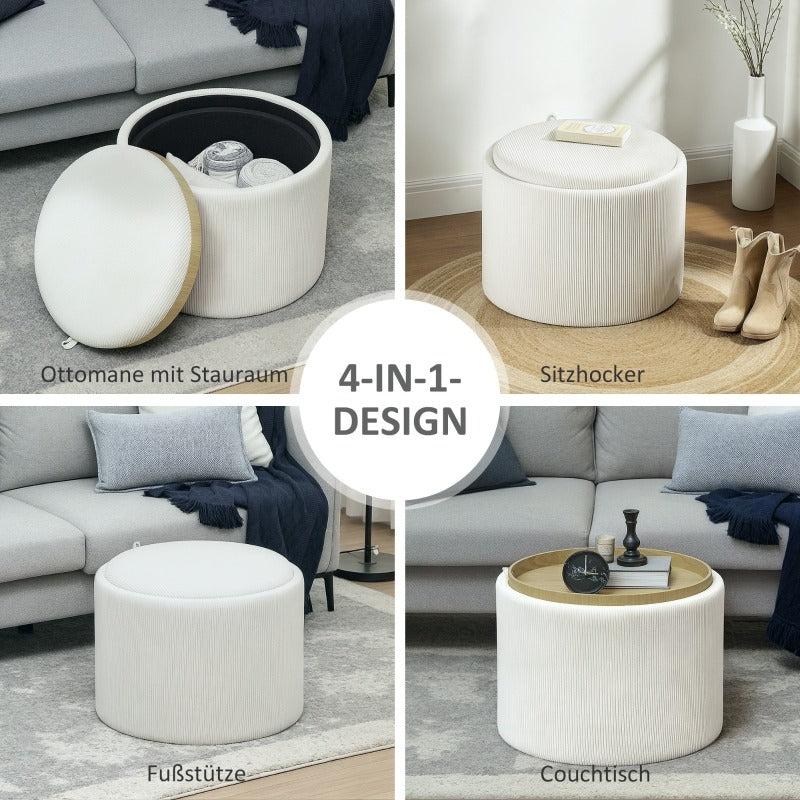 Opbergpoef Rond – Opbergkruk – Voetenbank – Zitkussen – Multifunctionele Hocker – Met Afneembaar Deksel – Padded Zitting – Compact Voor Kleine Ruimtes (56x56x42cm)
