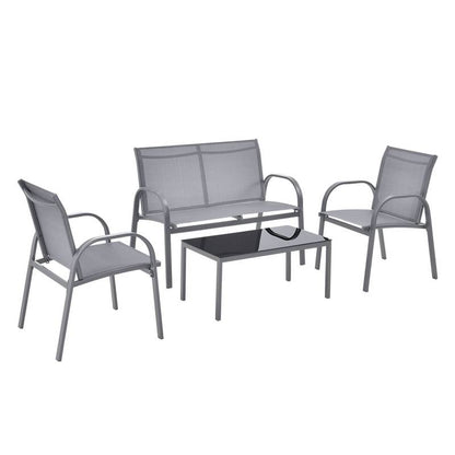 Tuinset – Tuinmeubelset – Bistroset – Loungeset – Balkonset – Stalen Frame – Glasplaat Tafel – Lichtgrijs – 2 Persoons Bank – 2 Stoelen