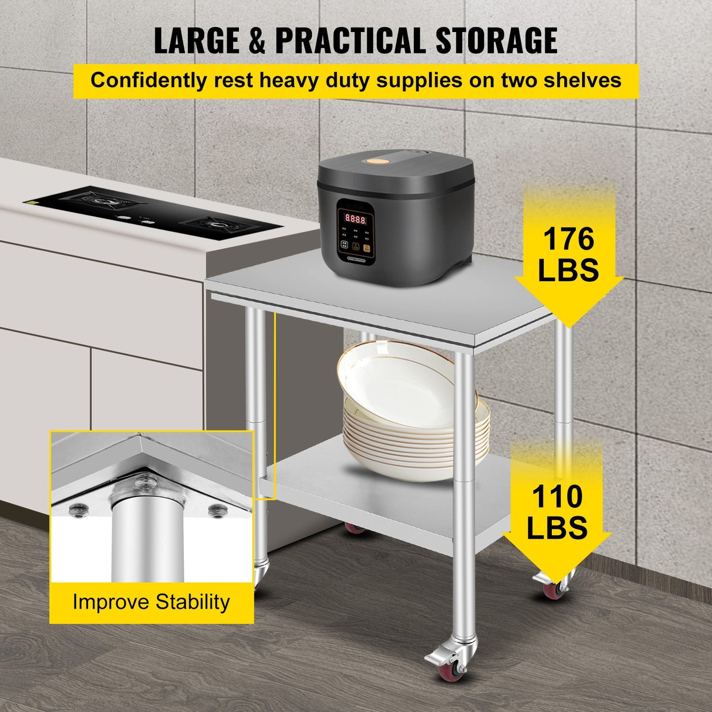 Werktafel – Werkbank – Werkoppervlak – Werkplateau – Roestvrijstaal – Verstelbare Planken – Zwenkwieltjes – 61x76x86 cm