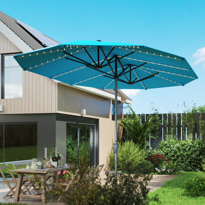 Dubbele Parasol – Tweepersoons Parasol – Terrasparasol – Zonneparasol – Tuinparasol – Blauw – UPF50+ UV-Bescherming – Zonne-LED Verlichting