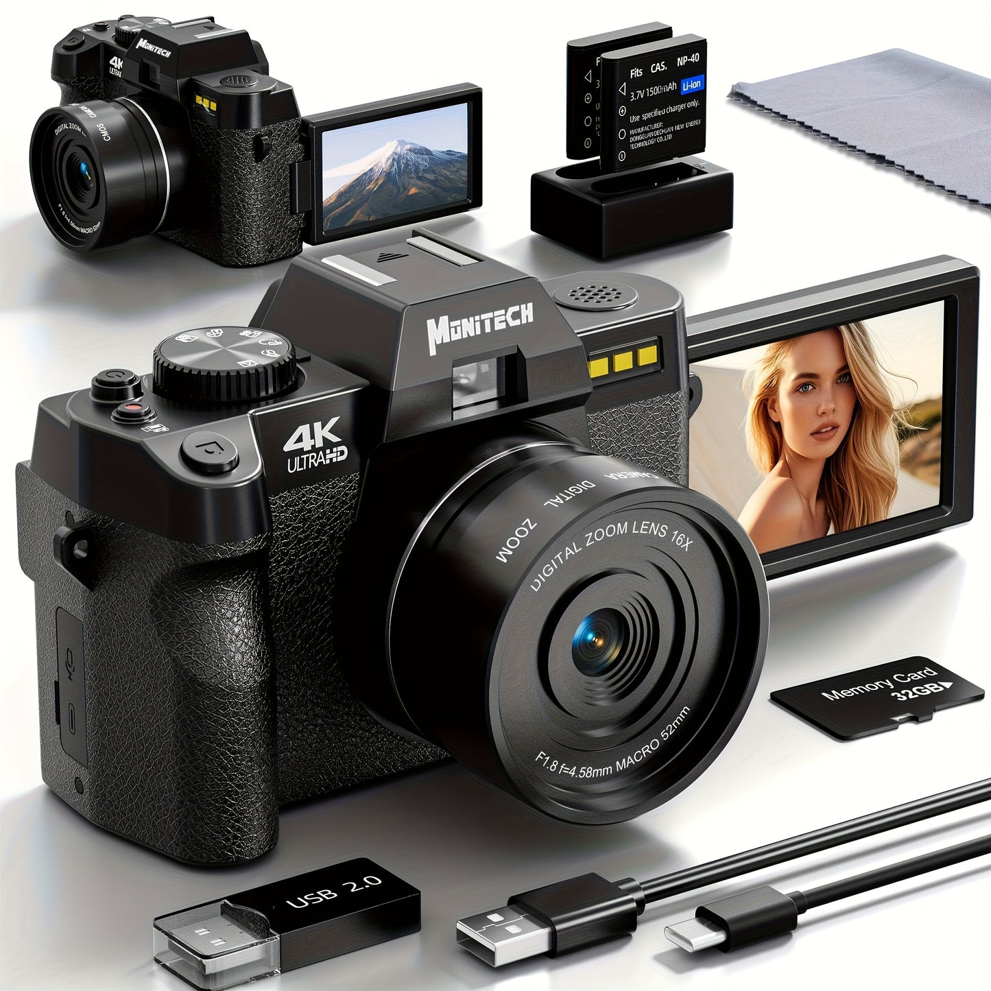Digitale Camera – Fotocamera – Vlogcamera – Compact Camera – Reiscamera – 48 Megapixel Sensor – 180° Kantelbaar OLED-scherm – Zwart